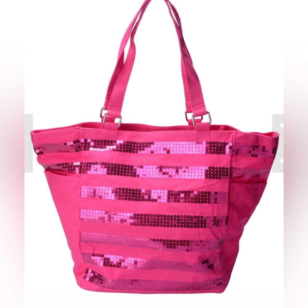 Victoria Secret Hot Pink Sequin Tote Canvas Striped Overnight Shoulder Bag New - Picture 14 of 14